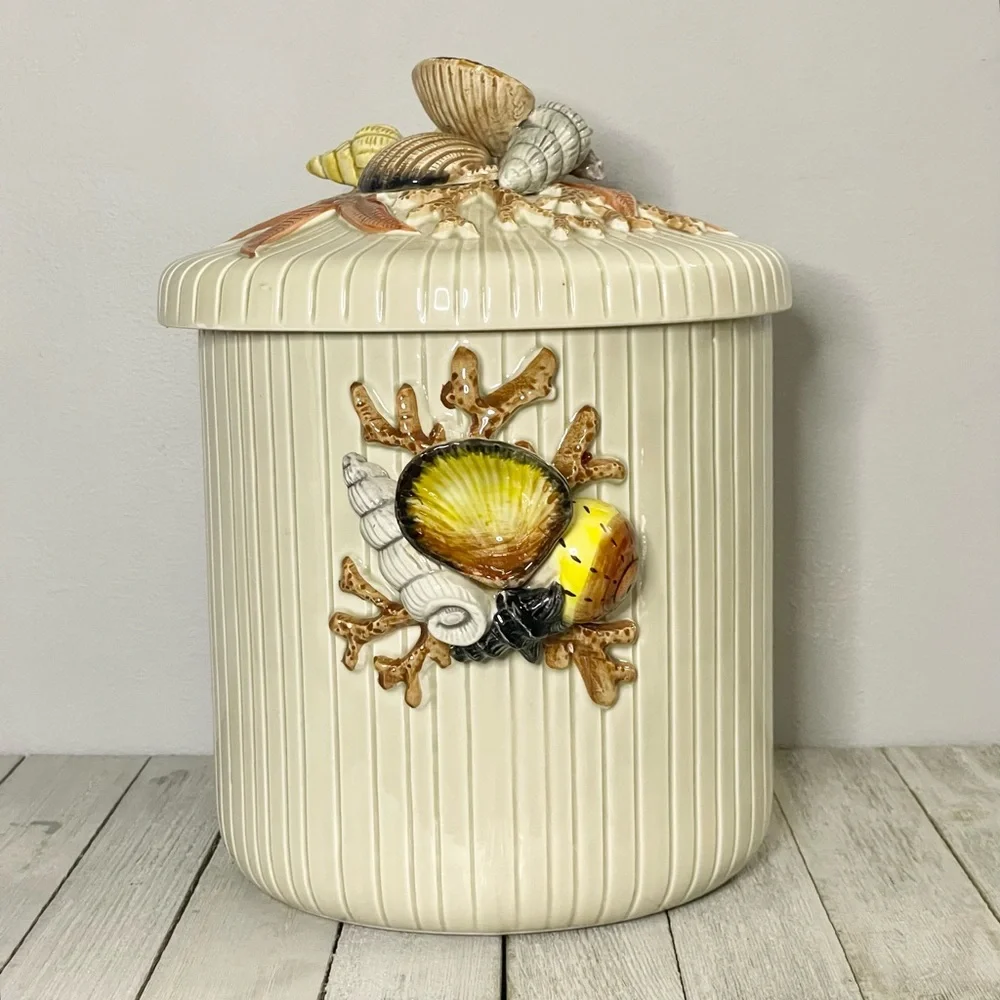 Fitz and Floyd RARE Vintage Coquille Seashell Coral Nautical Ice Bucket with Lid